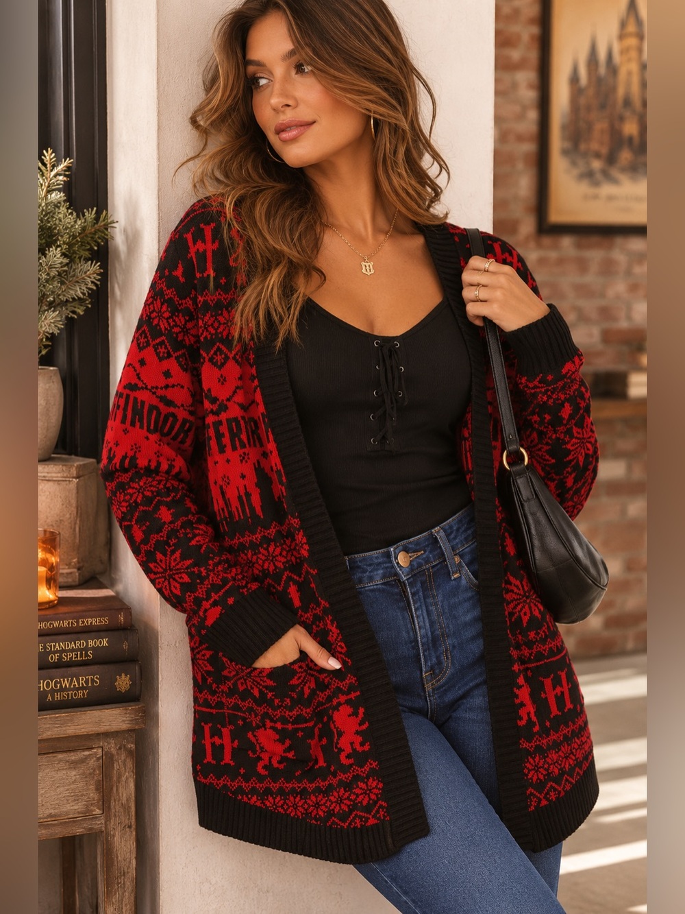 Harry Potter Gryffindor Fair Isle Red Black Open Front Knit Cardigan‎ Sweater